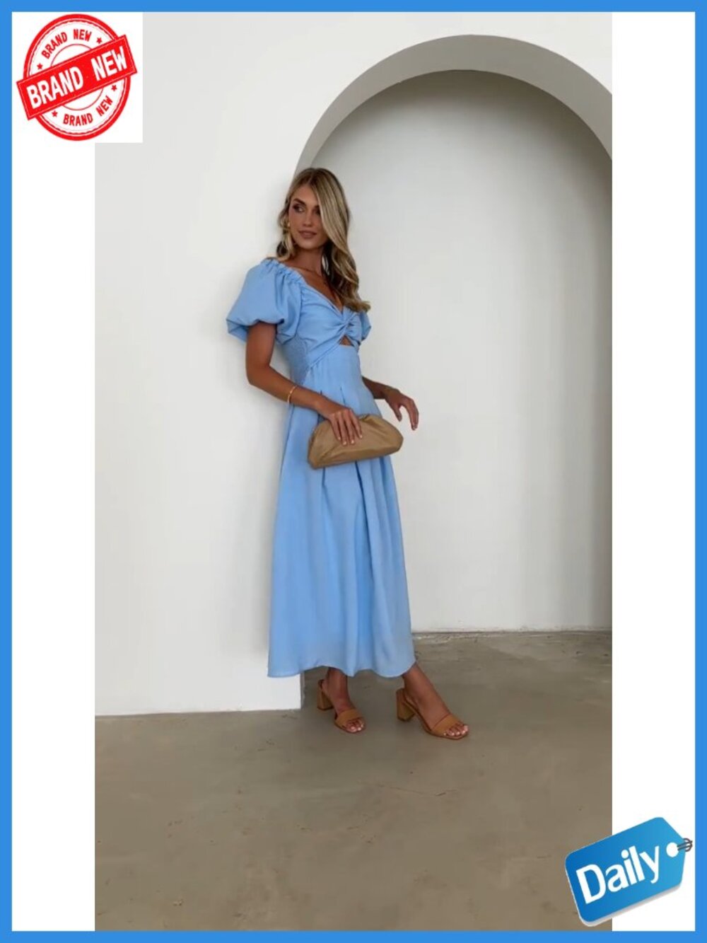 Women's Puff Sleeve Midi Dress Cut Out A-Line Flowy With Pockets - Picture 6 of 6